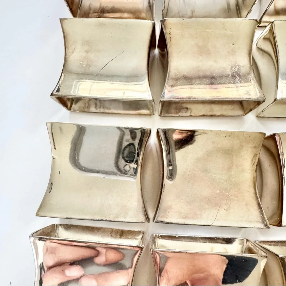 Pottery Barn Set Of 12 Silver Plated Napkin Rings Curved Square